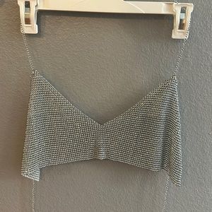 Silver rhinestone chain backless halter top